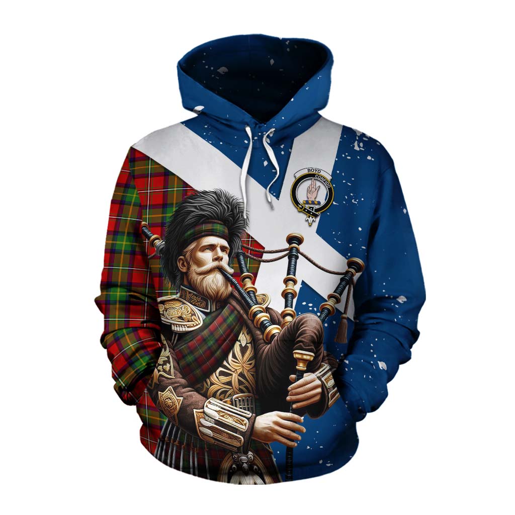 Tartan Vibes Clothing Boyd Tartan Cotton Hoodie with Family Crest Scottish Bagpiper Vibes