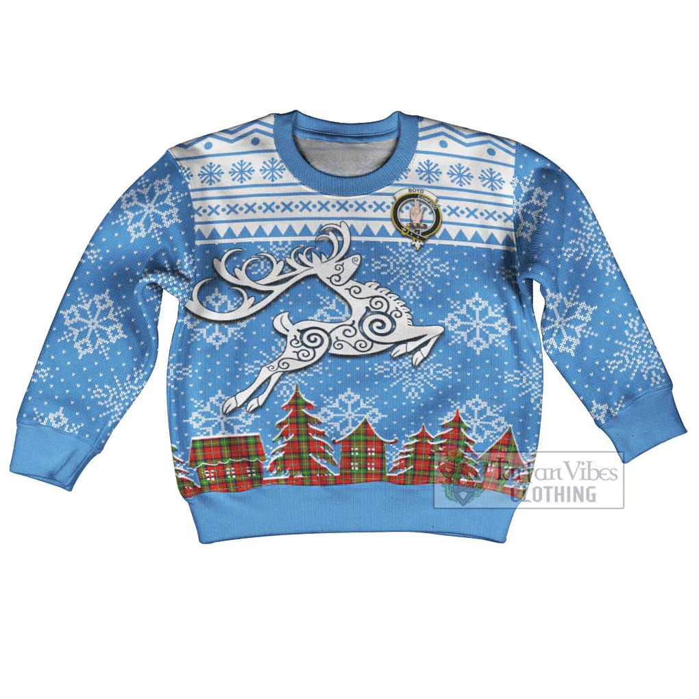 Tartan Vibes Clothing Boyd Clan Christmas Kid Ugly Sweater with Tartan and Celtic Raindeer Style