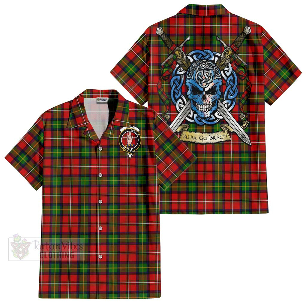 Tartan Vibes Clothing Boyd Tartan Short Sleeve Button Shirt with Family Crest Celtic Skull Style