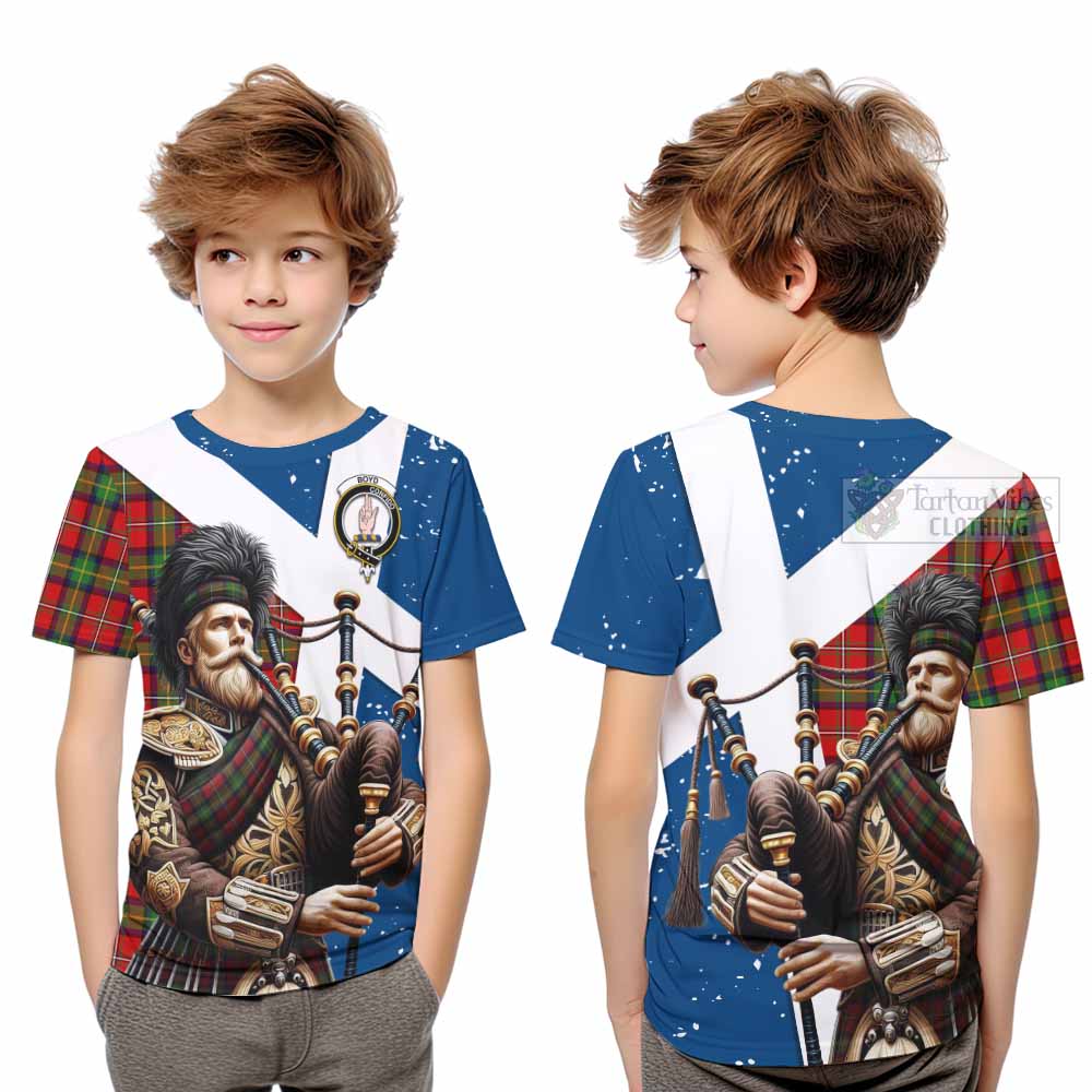 Tartan Vibes Clothing Boyd Tartan Kid T-Shirt with Family Crest Scottish Bagpiper Vibes