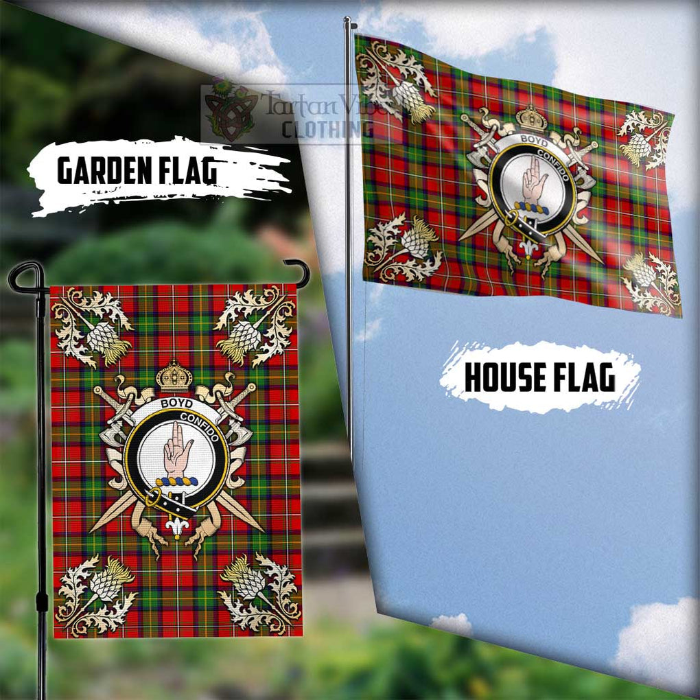 Tartan Vibes Clothing Boyd Tartan Flag with Family Crest and Golden Thistle Crossed Sword Design