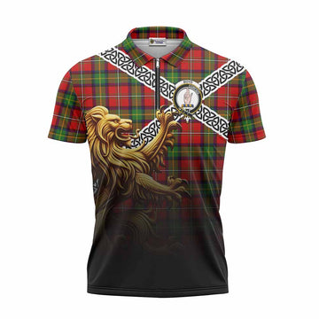Boyd Crest Tartan Zipper Polo Shirt with Golden Lion Emblem Celtic Style Unisex - Tartan Vibes Clothing