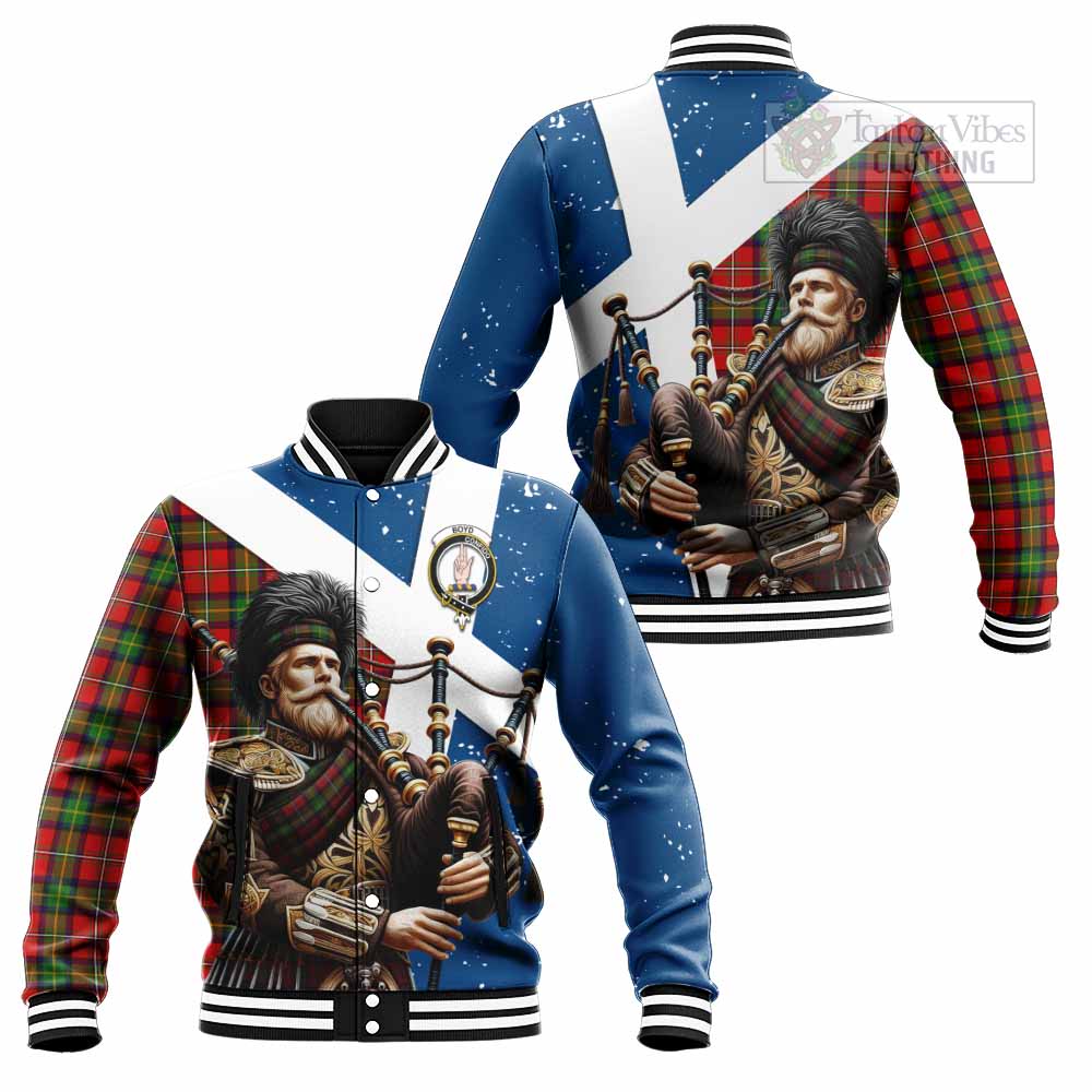 Tartan Vibes Clothing Boyd Tartan Baseball Jacket with Family Crest Scottish Bagpiper Vibes