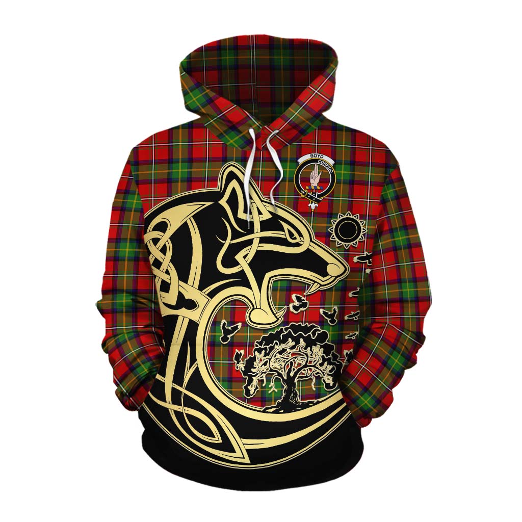 Tartan Vibes Clothing Boyd Tartan Cotton Hoodie with Family Crest Celtic Wolf Style