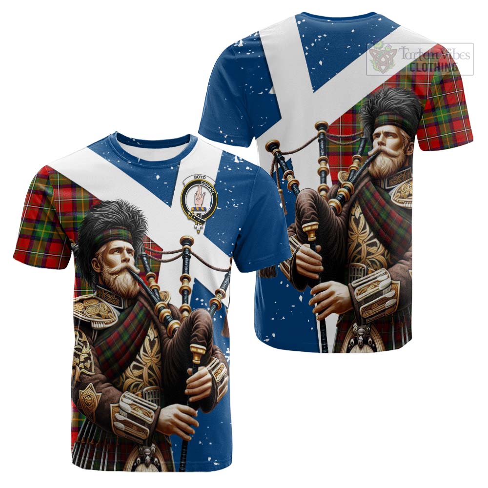 Tartan Vibes Clothing Boyd Tartan Cotton T-shirt with Family Crest Scottish Bagpiper Vibes