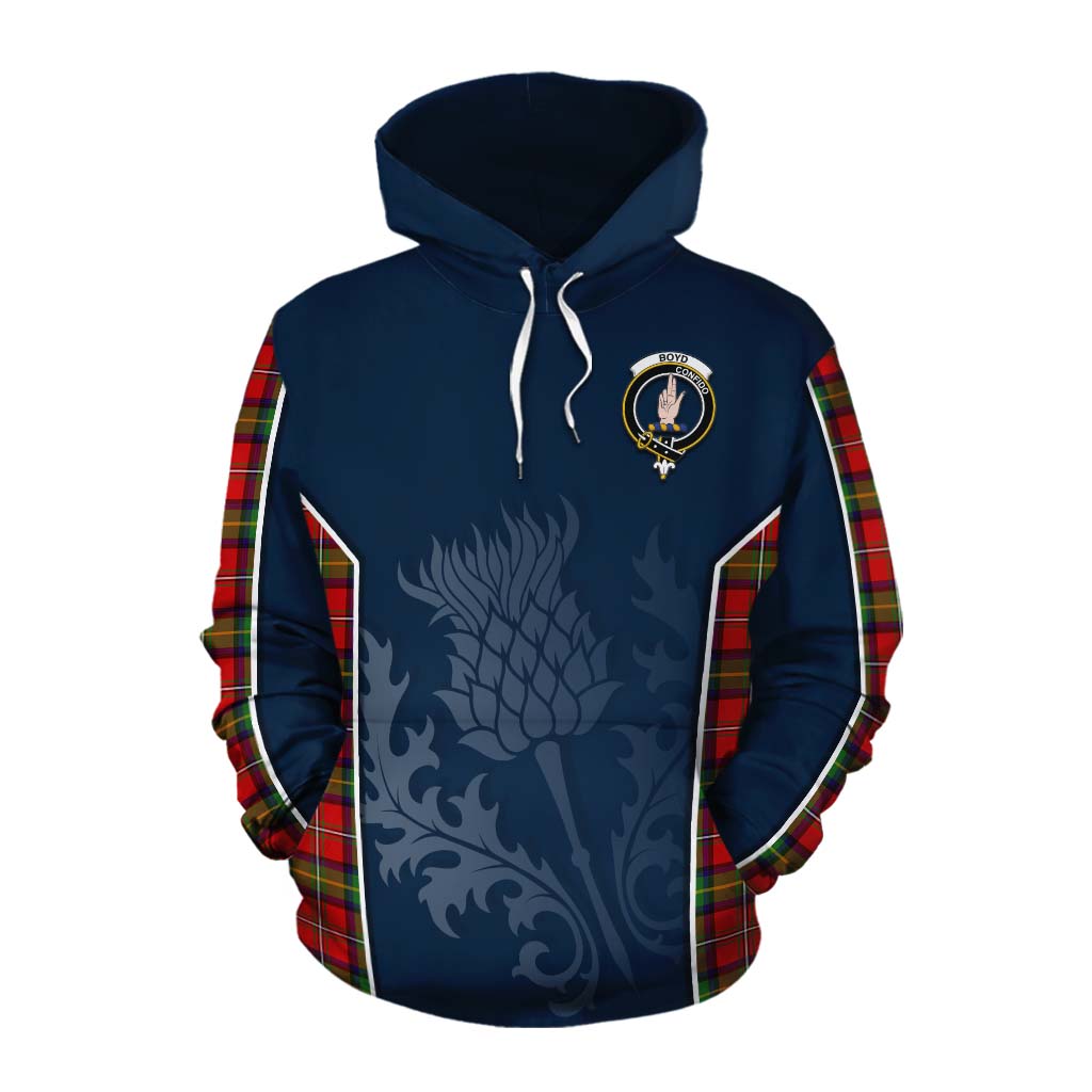 Tartan Vibes Clothing Boyd Tartan Cotton Hoodie with Family Crest and Scottish Thistle Vibes Sport Style