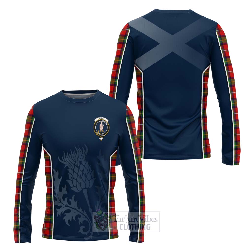 Tartan Vibes Clothing Boyd Tartan Long Sleeve T-Shirt with Family Crest and Scottish Thistle Vibes Sport Style