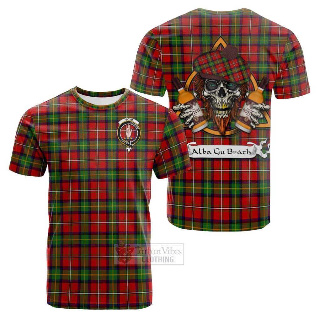 Tartan Vibes Clothing Boyd Tartan Cotton T-shirt with Family Crest and Bearded Skull Holding Bottles of Whiskey