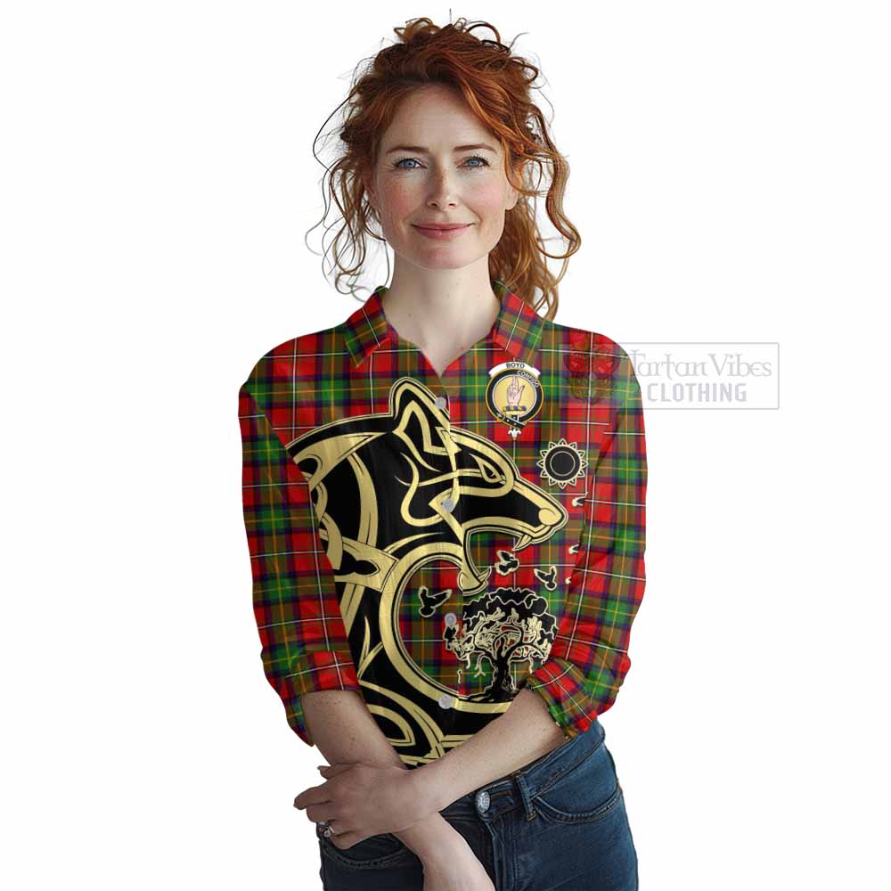 Tartan Vibes Clothing Boyd Tartan Women's Casual Shirt with Family Crest Celtic Wolf Style