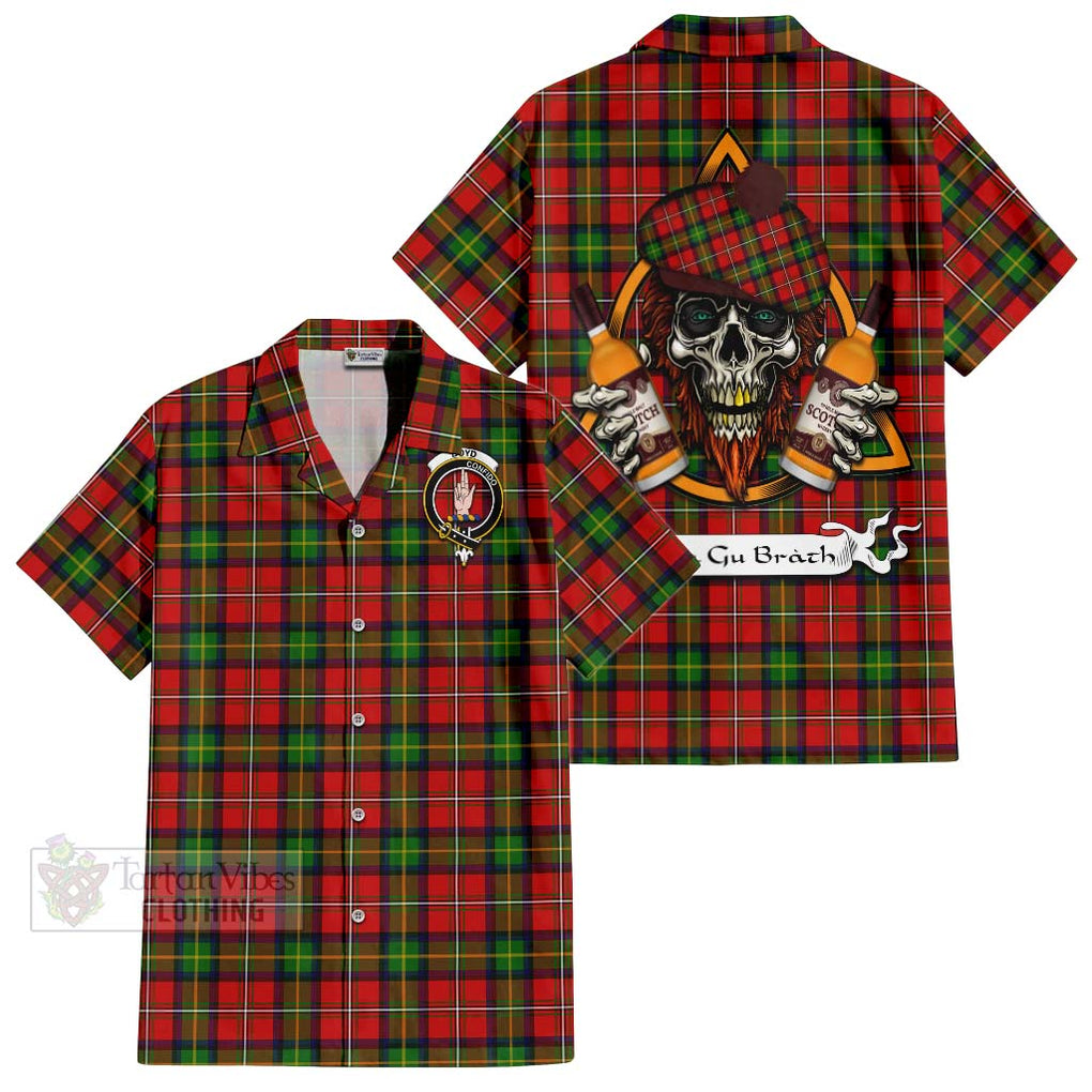 Tartan Vibes Clothing Boyd Tartan Short Sleeve Button Shirt with Family Crest and Bearded Skull Holding Bottles of Whiskey