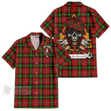 Boyd Tartan Short Sleeve Button Shirt with Family Crest and Bearded Skull Holding Bottles of Whiskey