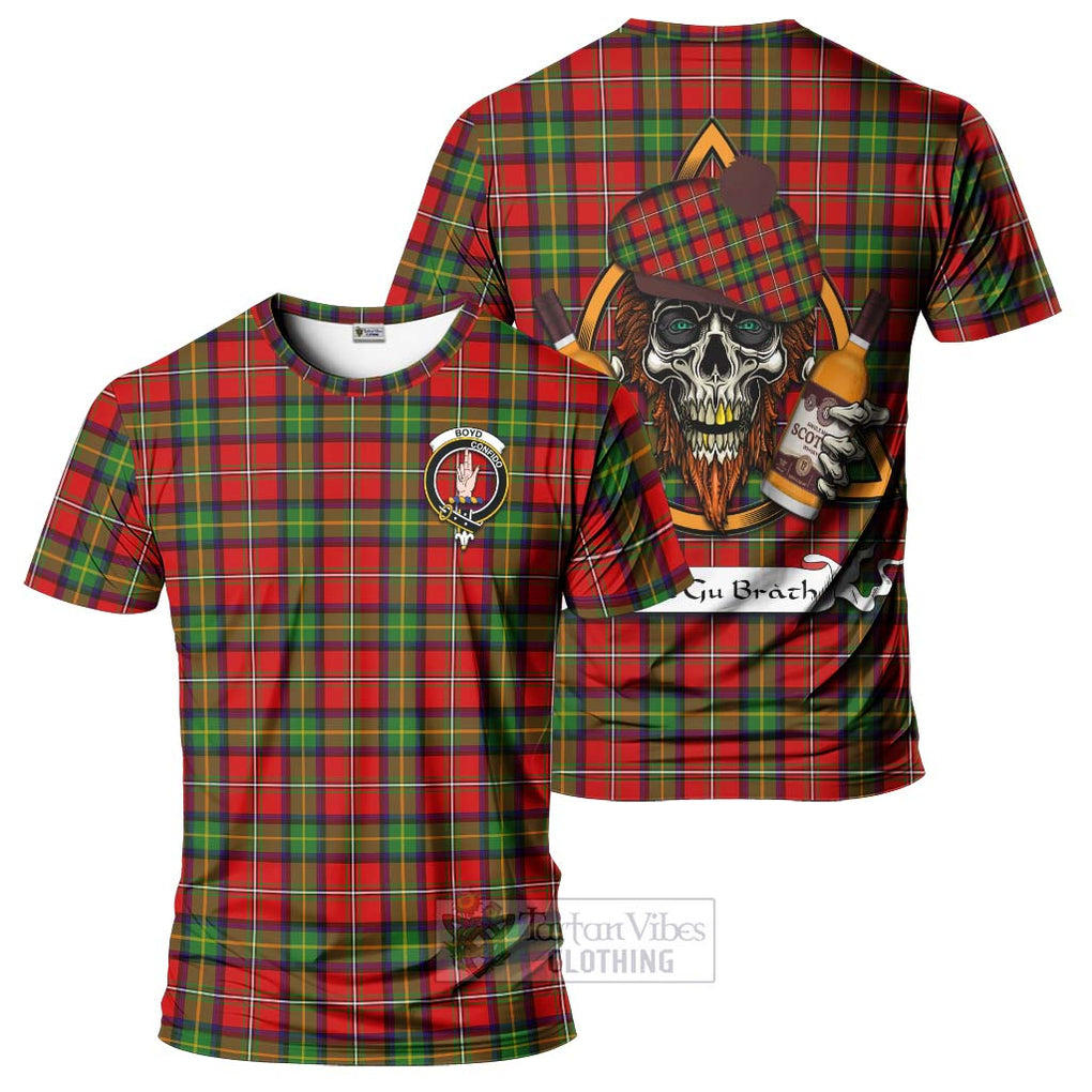 Tartan Vibes Clothing Boyd Tartan T-Shirt with Family Crest and Bearded Skull Holding Bottles of Whiskey