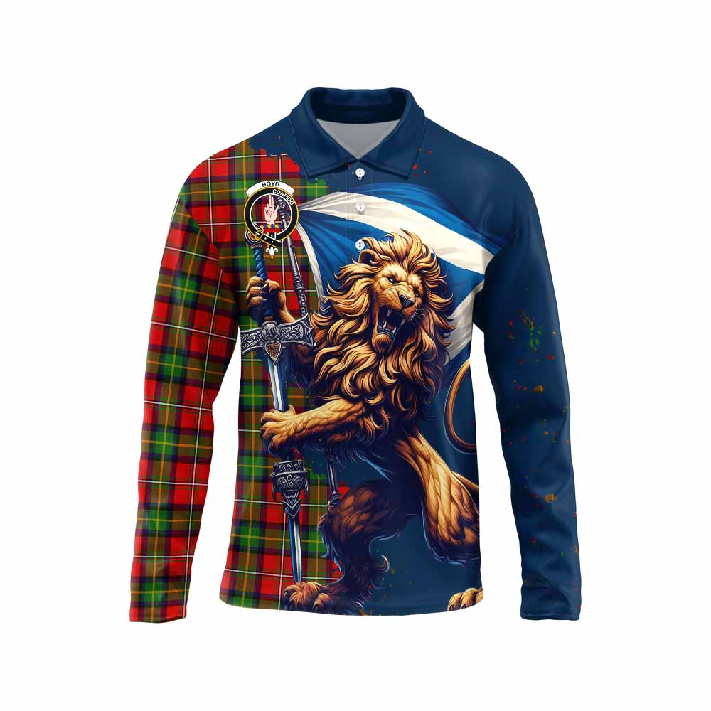 Tartan Vibes Clothing Boyd Tartan Family Crest Long Sleeve Polo Shirt with Scottish Majestic Lion