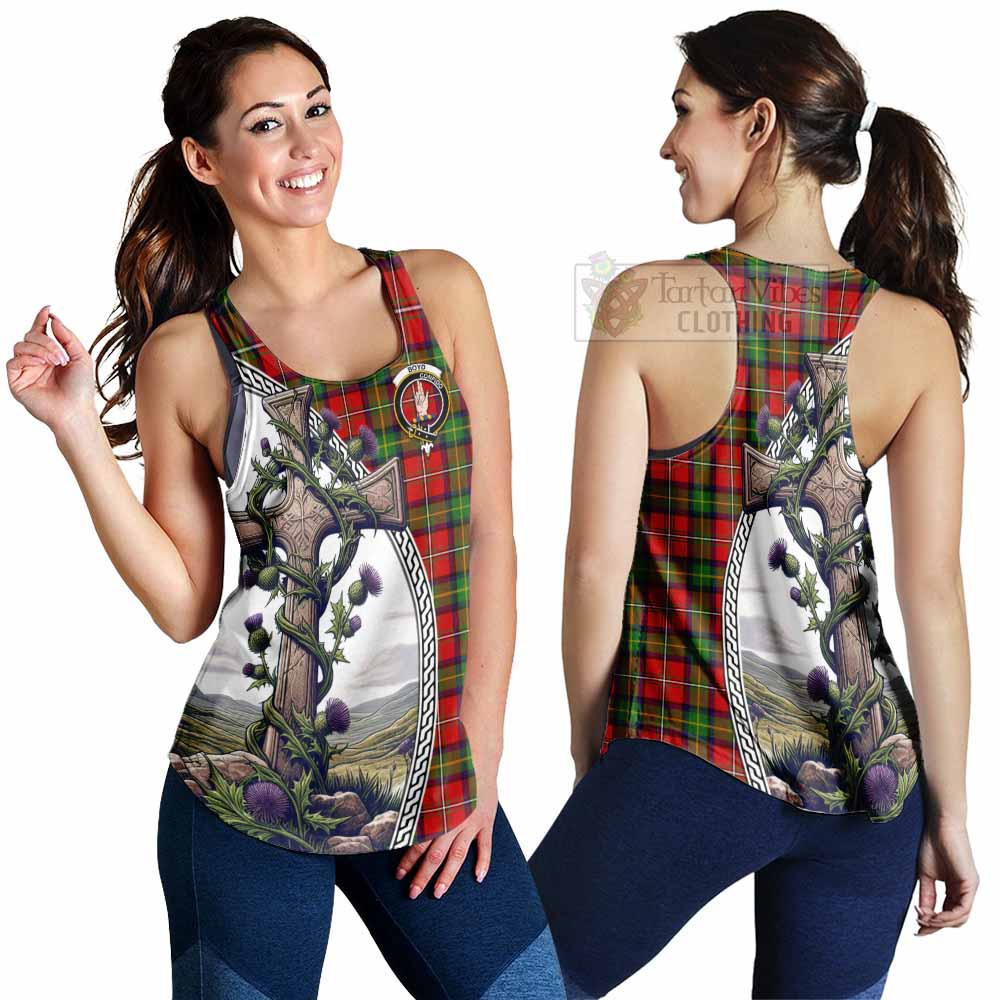 Tartan Vibes Clothing Boyd Tartan Women's Racerback Tanks with Family Crest and St. Andrew's Cross Accented by Thistle Vines