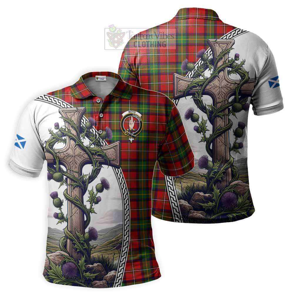 Tartan Vibes Clothing Boyd Tartan Polo Shirt with Family Crest and St. Andrew's Cross Accented by Thistle Vines