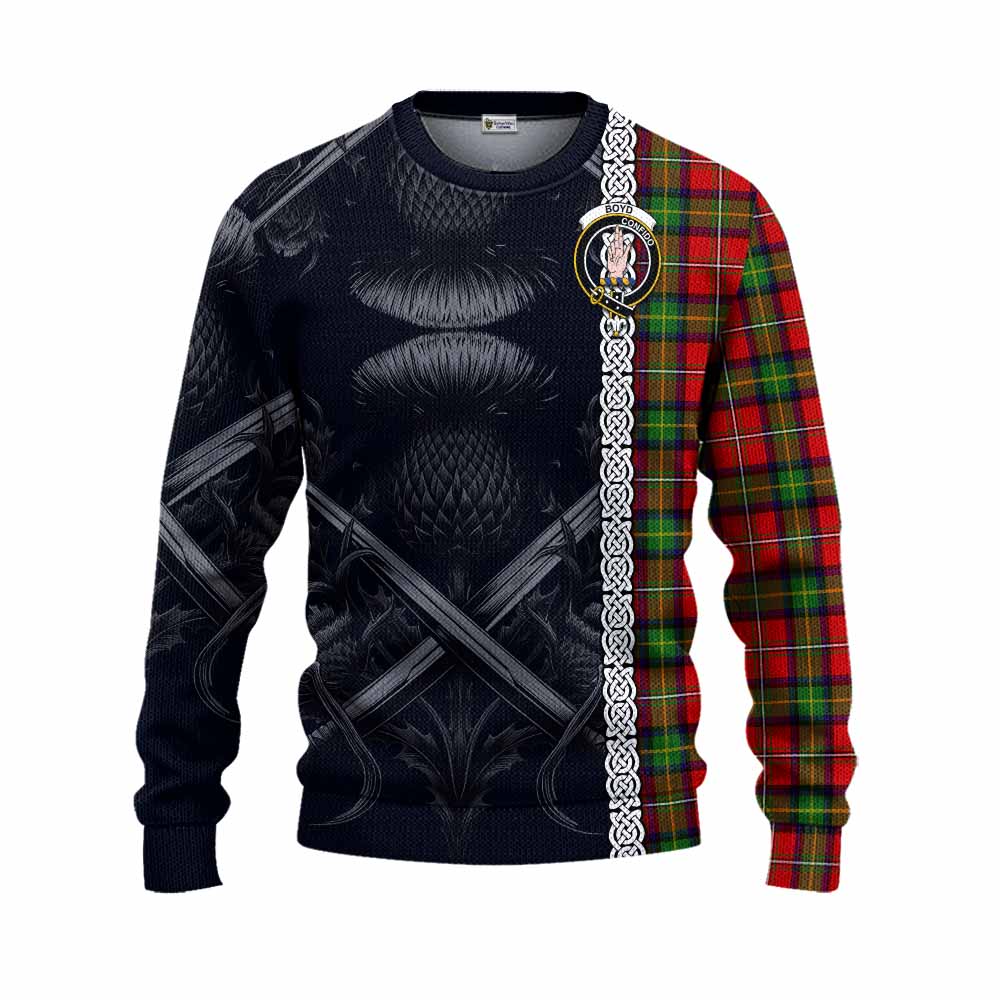 Boyd Tartan Knitted Sweater with Family Crest Cross Sword Thistle Celtic Vibes Unisex - Tartan Vibes Clothing
