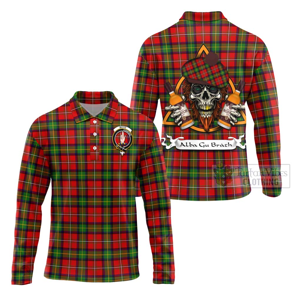 Tartan Vibes Clothing Boyd Tartan Long Sleeve Polo Shirt with Family Crest and Bearded Skull Holding Bottles of Whiskey