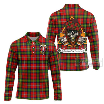 Boyd Tartan Long Sleeve Polo Shirt with Family Crest and Bearded Skull Holding Bottles of Whiskey