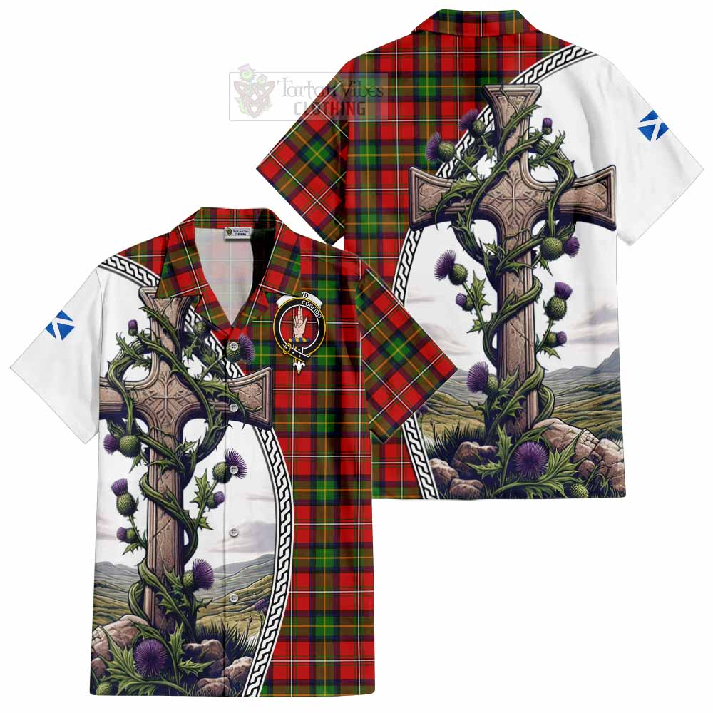 Tartan Vibes Clothing Boyd Tartan Short Sleeve Button Shirt with Family Crest and St. Andrew's Cross Accented by Thistle Vines