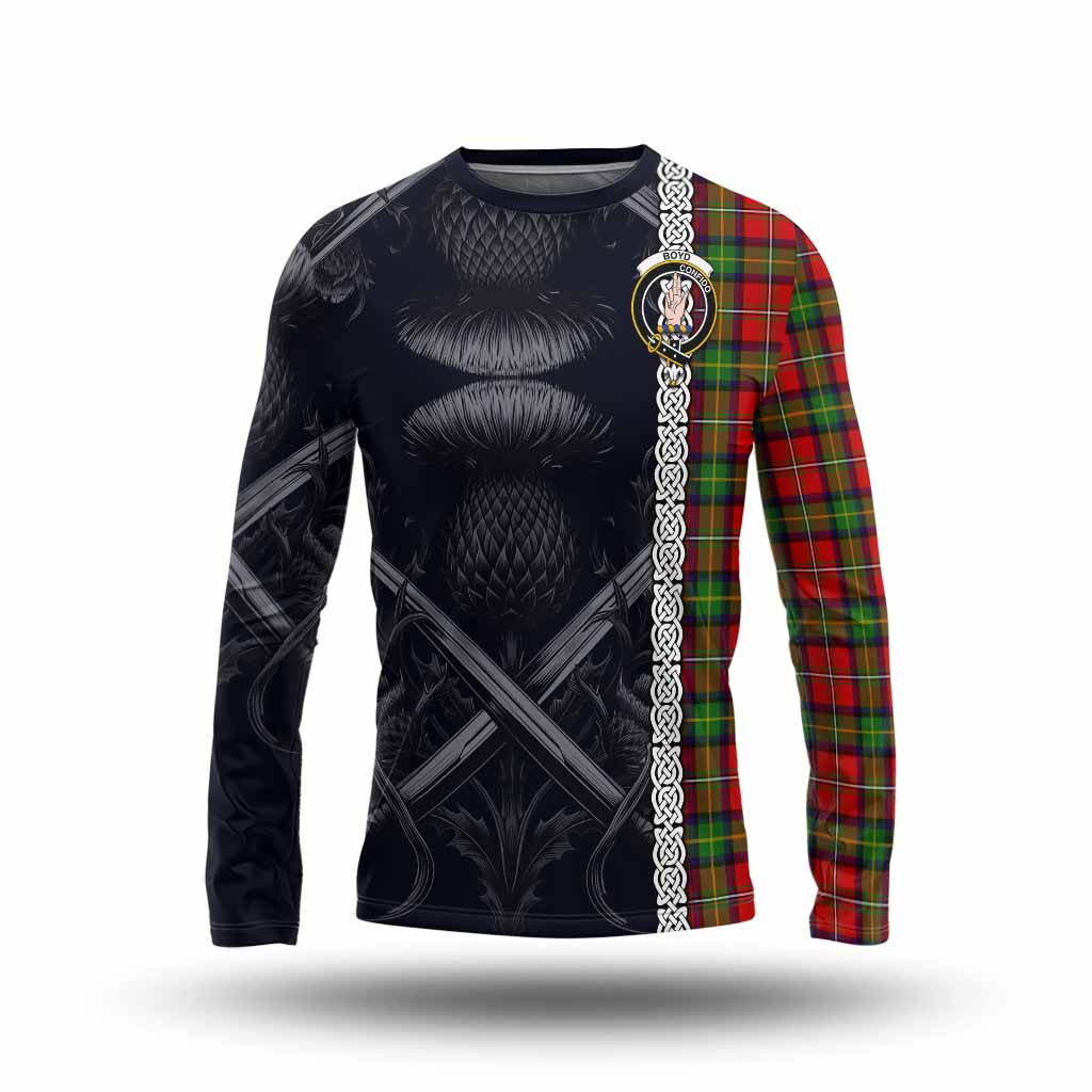 Tartan Vibes Clothing Boyd Tartan Long Sleeve T-Shirt with Family Crest Cross Sword Thistle Celtic Vibes