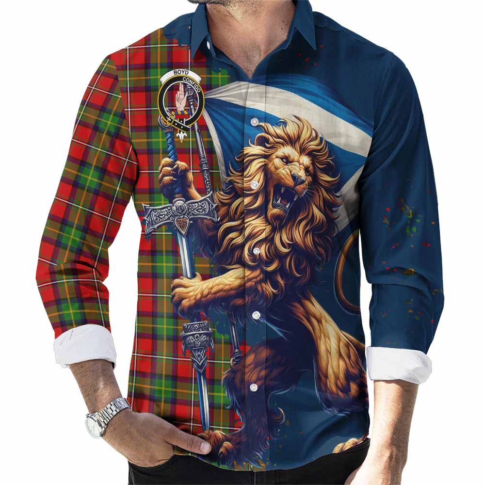 Tartan Vibes Clothing Boyd Tartan Family Crest Long Sleeve Button Shirt with Scottish Majestic Lion