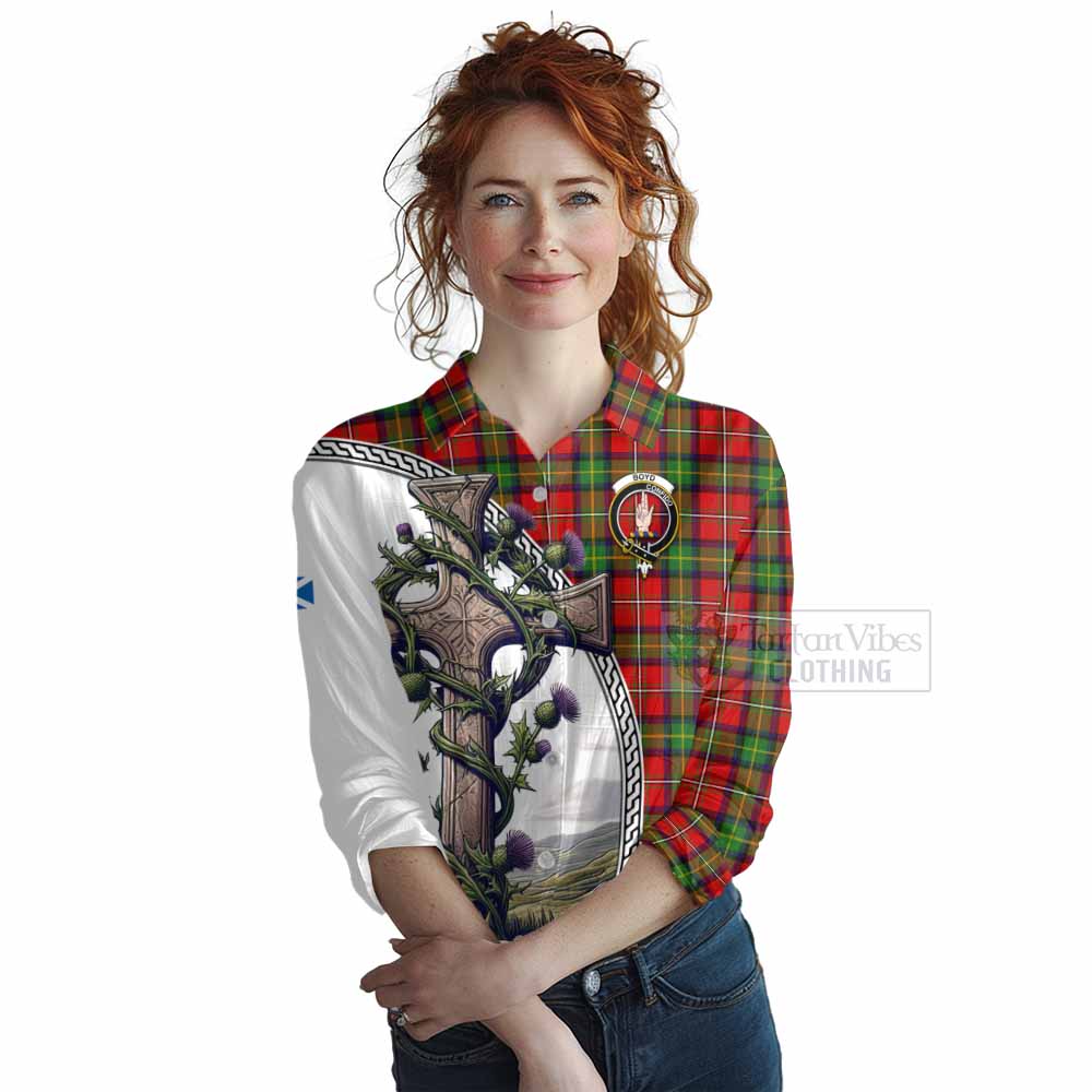 Tartan Vibes Clothing Boyd Tartan Women's Casual Shirt with Family Crest and St. Andrew's Cross Accented by Thistle Vines