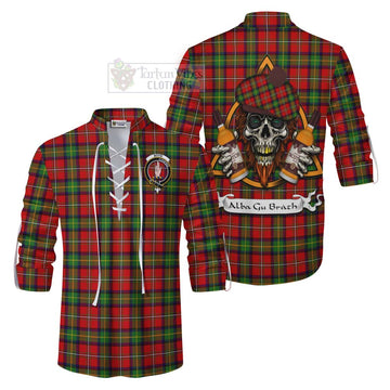 Boyd Tartan Ghillie Kilt Shirt with Family Crest and Bearded Skull Holding Bottles of Whiskey