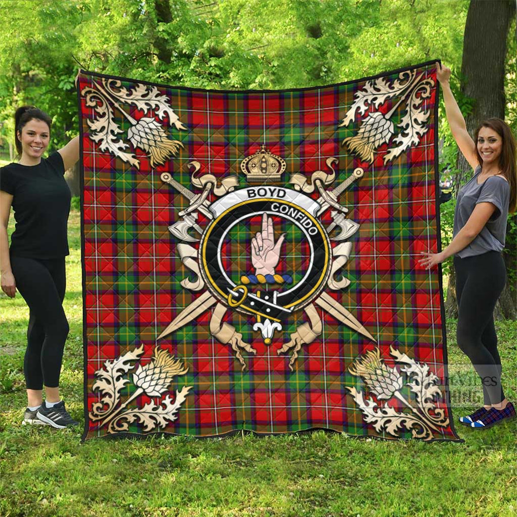 Tartan Vibes Clothing Boyd Tartan Quilt with Family Crest and Scottish Golden Courage Shield