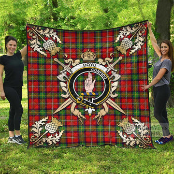 Boyd Tartan Quilt with Family Crest and Golden Thistle Crossed Sword Design