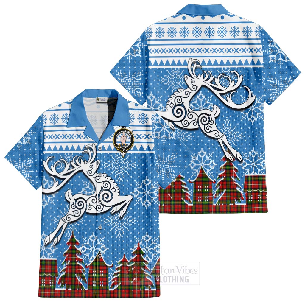 Tartan Vibes Clothing Boyd Clan Christmas Short Sleeve Button Shirt Celtic Reindeer Style