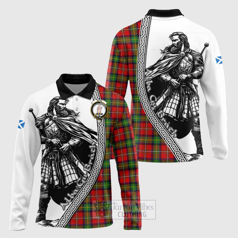 Tartan Vibes Clothing Boyd Tartan Clan Crest Long Sleeve Polo Shirt with Highlander Warrior Celtic Style