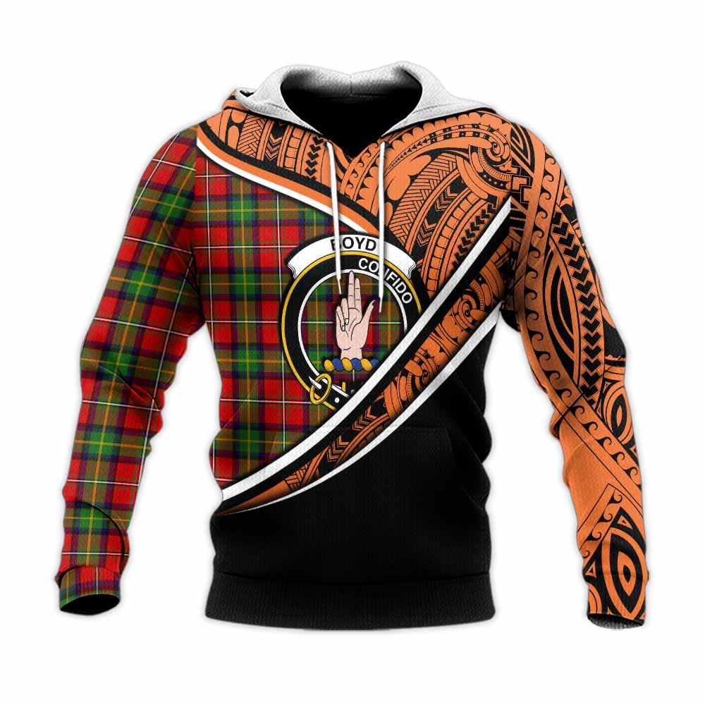 Tartan Vibes Clothing Boyd Crest Tartan Knitted Hoodie with Maori Tattoo Style - Orange Version