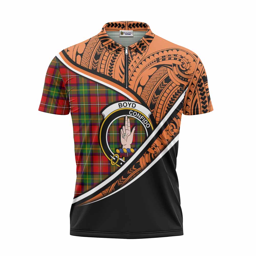 Tartan Vibes Clothing Boyd Crest Tartan Zipper Polo Shirt with Maori Tattoo Style - Orange Version