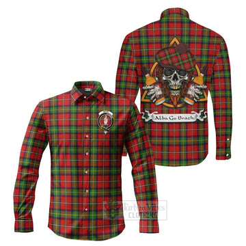 Boyd Tartan Long Sleeve Button Shirt with Family Crest and Bearded Skull Holding Bottles of Whiskey