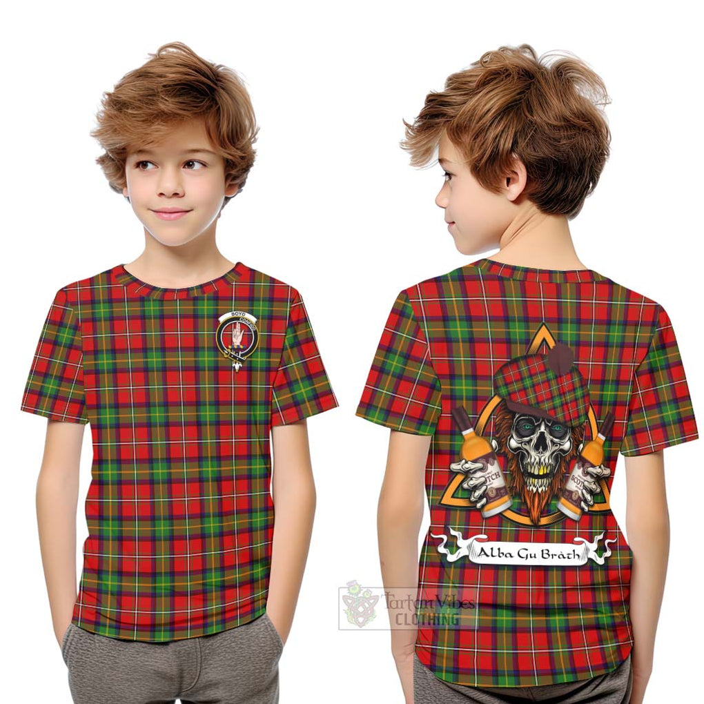 Tartan Vibes Clothing Boyd Tartan Kid T-Shirt with Family Crest and Bearded Skull Holding Bottles of Whiskey