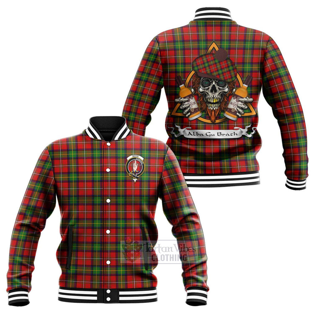 Tartan Vibes Clothing Boyd Tartan Baseball Jacket with Family Crest and Bearded Skull Holding Bottles of Whiskey