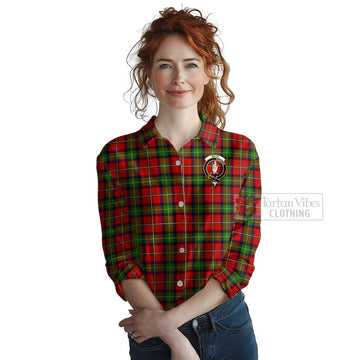 Boyd Tartan Women's Casual Shirt with Family Crest and Bearded Skull Holding Bottles of Whiskey