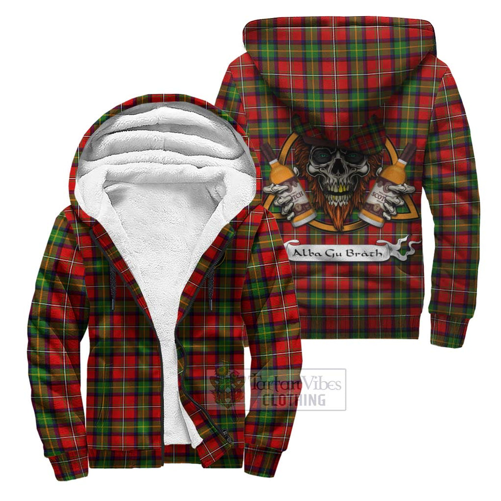 Tartan Vibes Clothing Boyd Tartan Sherpa Hoodie with Family Crest and Bearded Skull Holding Bottles of Whiskey