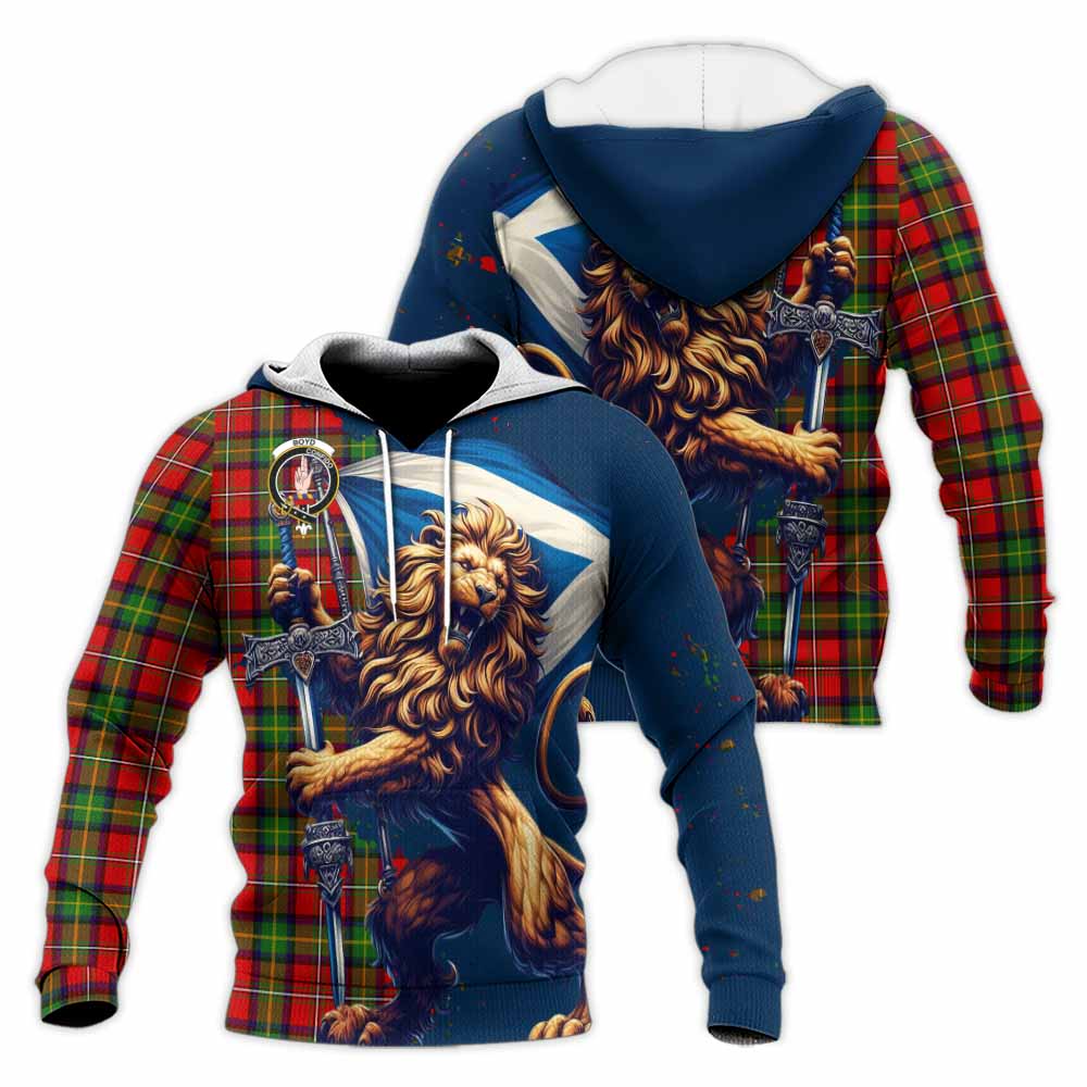 Tartan Vibes Clothing Boyd Tartan Family Crest Knitted Hoodie with Scottish Majestic Lion