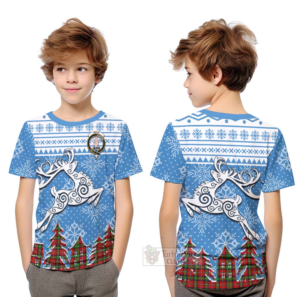 Tartan Vibes Clothing Boyd Clan Christmas Kid T-Shirt Celtic Reindeer Style