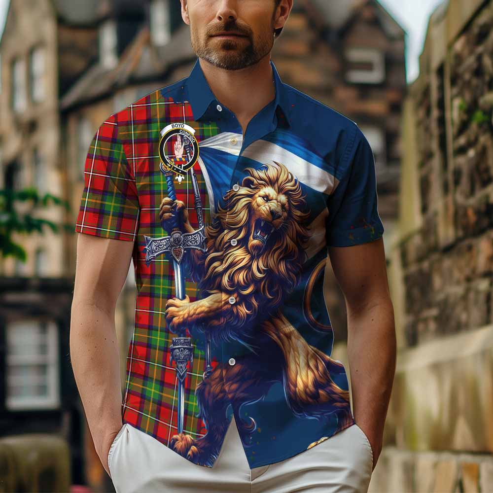 Tartan Vibes Clothing Boyd Tartan Family Crest Short Sleeve Button Shirt with Scottish Majestic Lion