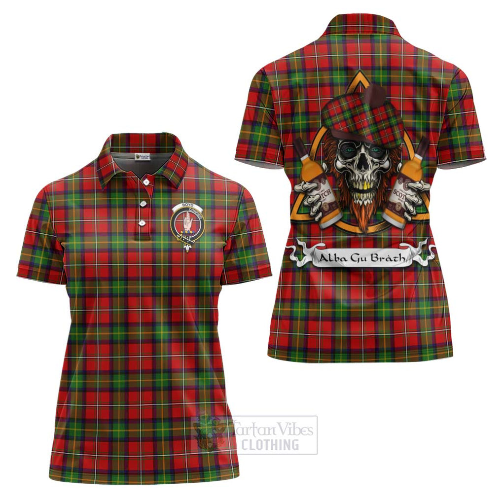 Tartan Vibes Clothing Boyd Tartan Women's Polo Shirt with Family Crest and Bearded Skull Holding Bottles of Whiskey