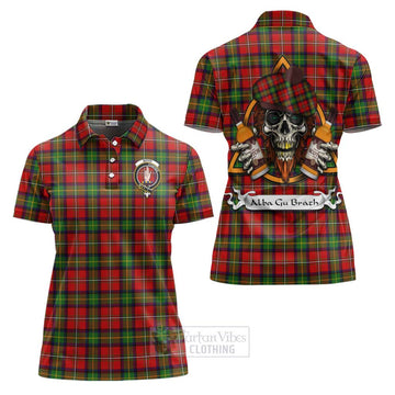 Boyd Tartan Women's Polo Shirt with Family Crest and Bearded Skull Holding Bottles of Whiskey