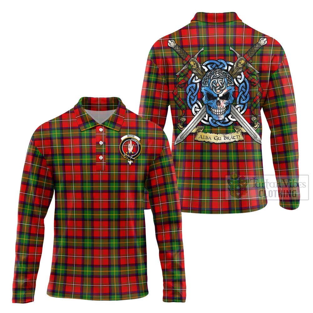 Tartan Vibes Clothing Boyd Tartan Long Sleeve Polo Shirt with Family Crest Celtic Skull Style