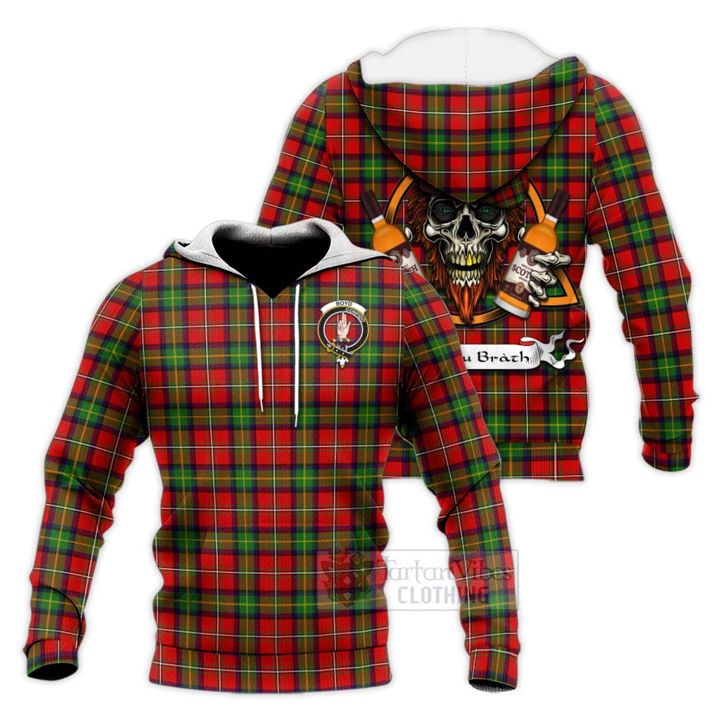 Tartan Vibes Clothing Boyd Tartan Knitted Hoodie with Family Crest and Bearded Skull Holding Bottles of Whiskey