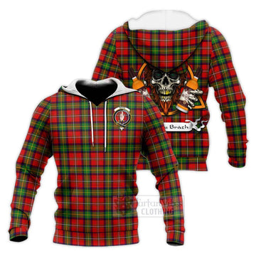 Boyd Tartan Knitted Hoodie with Family Crest and Bearded Skull Holding Bottles of Whiskey