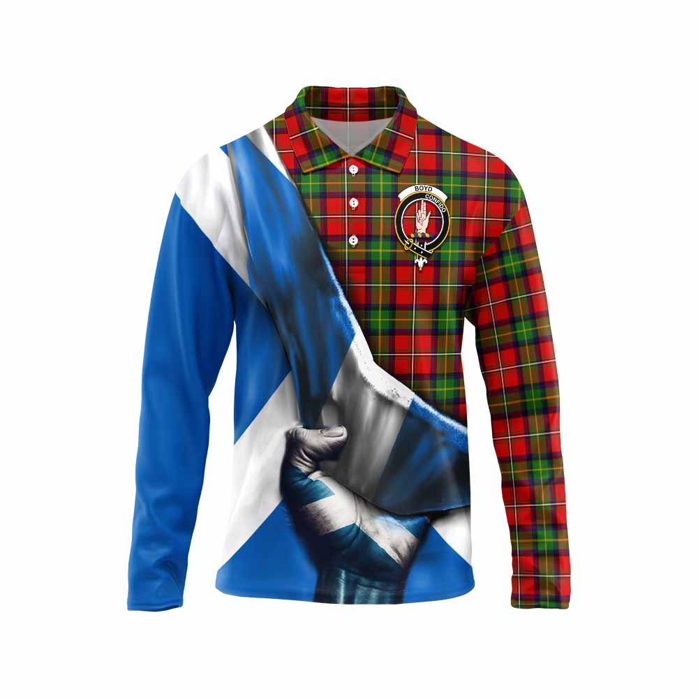 Tartan Vibes Clothing Boyd Tartan Long Sleeve Polo Shirt with Family Crest Scotland Patriotic Style