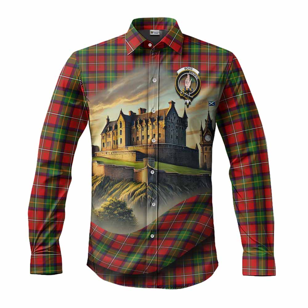 Boyd Tartan Family Crest Long Sleeve Button Shirt with Scottish Ancient Castle Style Men's Shirt S - Tartan Vibes Clothing