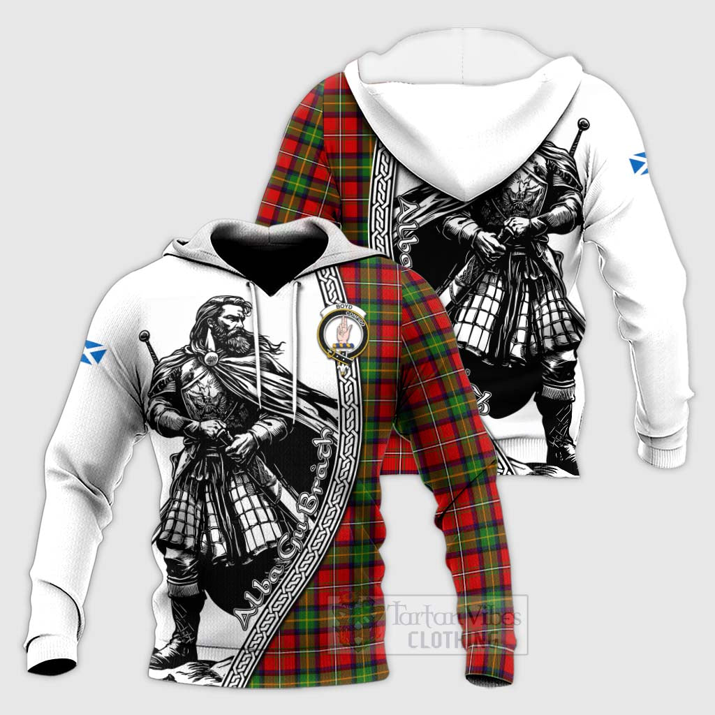 Boyd Tartan Clan Crest Knitted Hoodie with Highlander Warrior Celtic Style Unisex Knitted Pullover Hoodie - Tartan Vibes Clothing