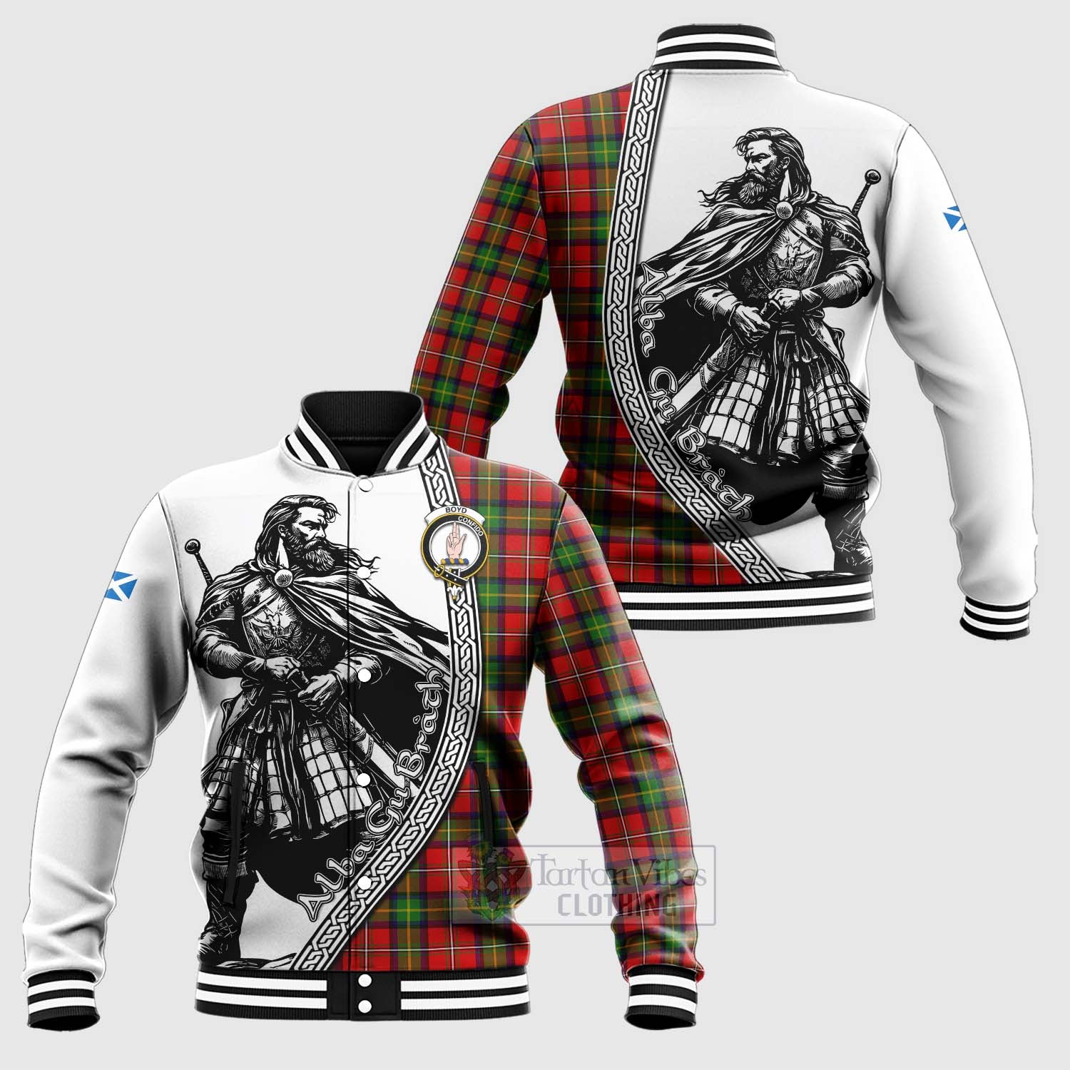 Tartan Vibes Clothing Boyd Tartan Clan Crest Baseball Jacket with Highlander Warrior Celtic Style